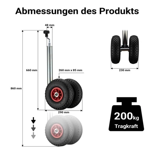 Kép 3/8 - Wiltec állítható mankókerék (200 kg) 2 felfújható kerékkel (260x85 mm).