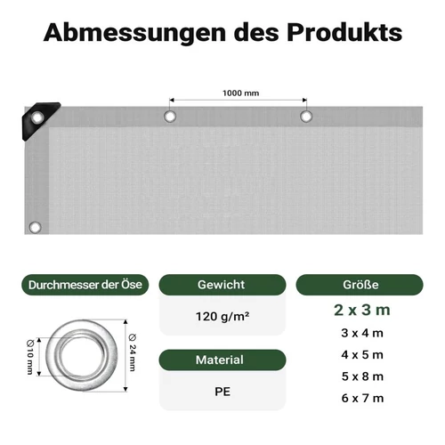 Kép 3/8 - Wiltec vízálló ponyva (3x2 m, 120 g/m²), szakadásálló, megerősített ringlikkel