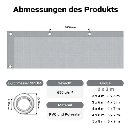 Kép 3/8 - Wiltec vízálló ponyva (2x3 m, 650 g/m²), szakadásálló, megerősített ringlikkel.