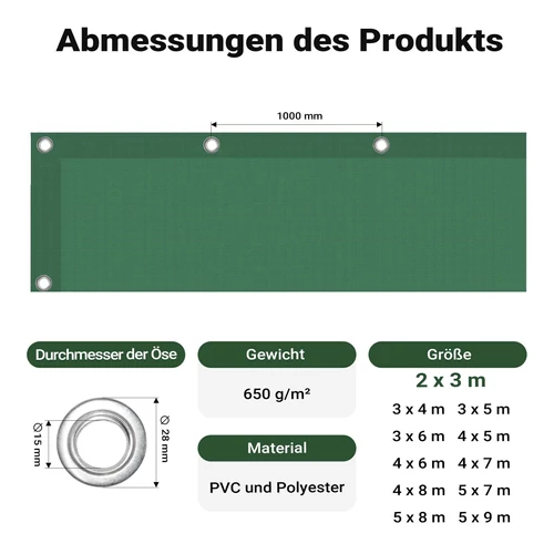 Kép 3/8 - Wiltec vízálló ponyva (2x3 m, 650 g/m², sötétzöld), szakadásálló, megerősített ringlikkel.