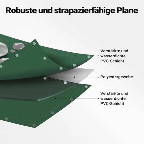 Kép 5/8 - Wiltec vízálló ponyva (2x3 m, 650 g/m², sötétzöld), szakadásálló, megerősített ringlikkel.