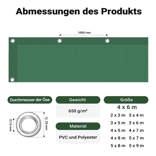 Kép 3/8 - Wiltec vízálló ponyva (4x6 m, 650 g/m², zöld), szakadásálló, megerősített ringlikkel.