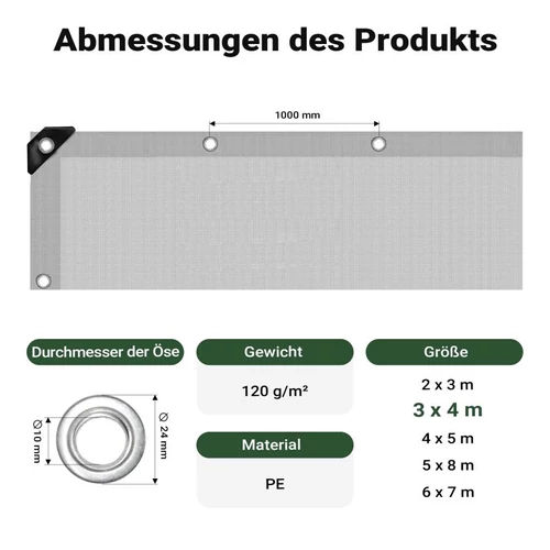 Kép 3/8 - Wiltec vízálló takaró ponyva (4 x 3 m, zöld-szürke, 120 g/m²), UV-álló, strapabíró, megerősített ringlikkel.