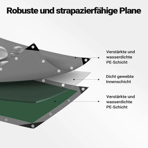 Kép 5/8 - Wiltec vízálló takaró ponyva (4 x 3 m, zöld-szürke, 120 g/m²), UV-álló, strapabíró, megerősített ringlikkel.