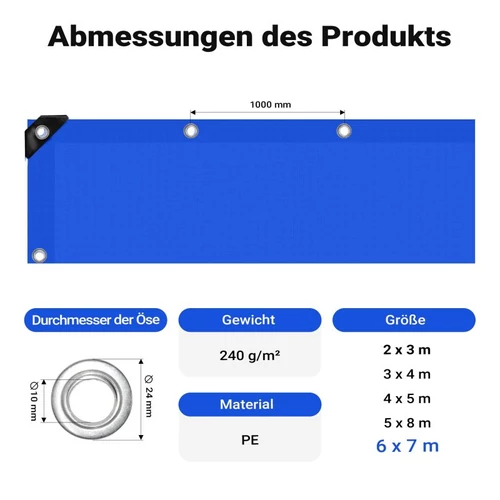 Kép 3/8 - Wiltec kék vízálló ponyva (7 x 6 m, 240 g/m²), UV-álló, strapabíró, megerősített ringlikkel.