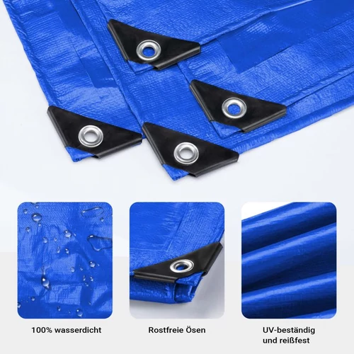 Kép 4/8 - Wiltec kék vízálló ponyva (7 x 6 m, 240 g/m²), UV-álló, strapabíró, megerősített ringlikkel.