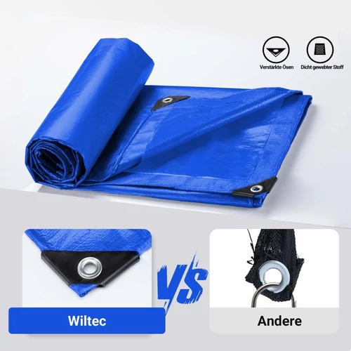 Kép 6/8 - Wiltec kék vízálló ponyva (7 x 6 m, 240 g/m²), UV-álló, strapabíró, megerősített ringlikkel.