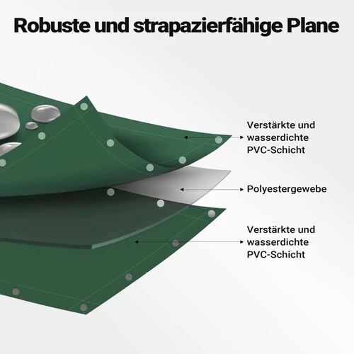 Kép 5/8 - Wiltec sötétzöld vízálló ponyva (5 x 9 m, 650 g/m²), UV-álló, PVC bevonattal, strapabíró és megerősített ringlikkel.