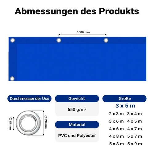 Kép 3/8 - Wiltec kék vízálló ponyva (3 x 5 m, 650 g/m²), UV-álló, PVC bevonattal, megerősített ringlikkel