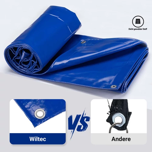 Kép 6/8 - Wiltec kék vízálló ponyva (3 x 5 m, 650 g/m²), UV-álló, PVC bevonattal, megerősített ringlikkel