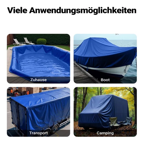 Kép 7/8 - Wiltec kék vízálló ponyva (4 x 8 m, 650 g/m²), UV-álló, PVC bevonattal, megerősített ringlikkel.