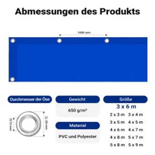 Kép 7/7 - Wiltec kék vízálló ponyva (3 x 3 m, 650 g/m²), UV-álló, PVC bevonattal, megerősített ringlikkel.