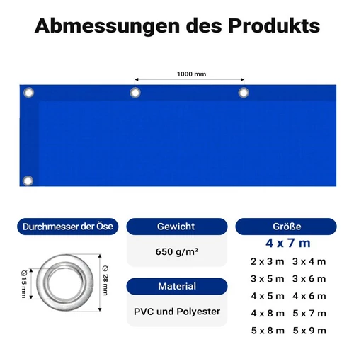 Kép 7/7 - Wiltec kék vízálló ponyva (4 x 7 m, 650 g/m²), UV-álló, PVC bevonattal, megerősített ringlikkel.