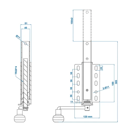 Kép 7/7 - ProPlus hajós orrtámasz, 40x40 mm, emelhető, 385–535 mm, 200 kg