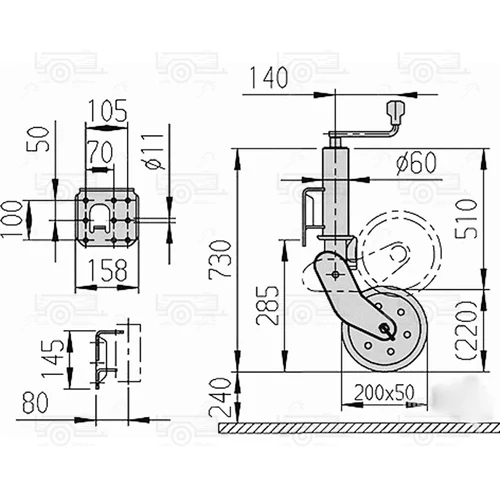 Kép 2/2 - AL-KO Profi orrkerék 200x50 mm-es, automata felhajtható kerékkel - 500 kg
