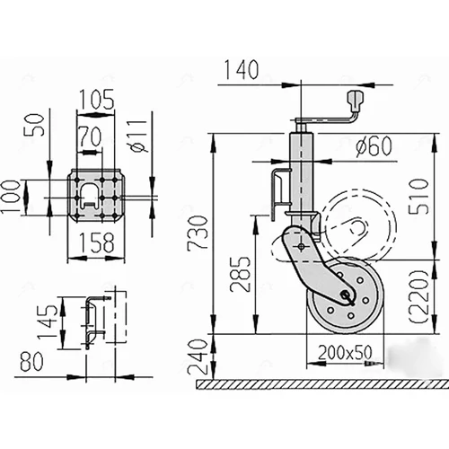 Kép 2/2 - AL-KO Profi orrkerék 200x50 mm-es, automata felhajtható kerékkel - 500 kg