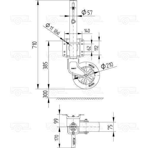 Kép 2/2 - Knott orrkerék 210x50 mm-es kerékkel, elfordítható kivitel - 500 kg