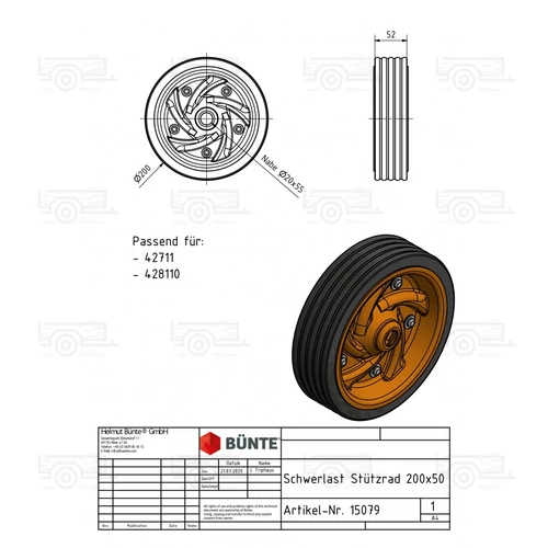 Kép 2/2 - Kartt orrkerék pótkerék Ø200 mm, szélessége 50 mm, Ø20 tengelymérettel