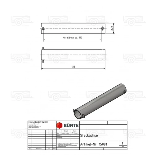 Kép 2/2 - Kartt tengely, csapszeggel, orrkerékhez 120 mm