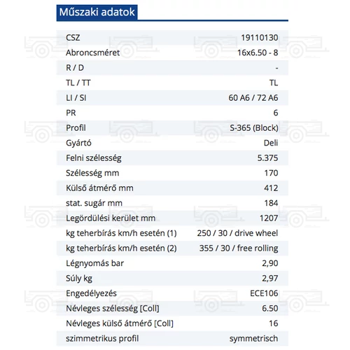 Kép 2/2 - Fűnyíró traktor gumi 16 X 6.50 - 8