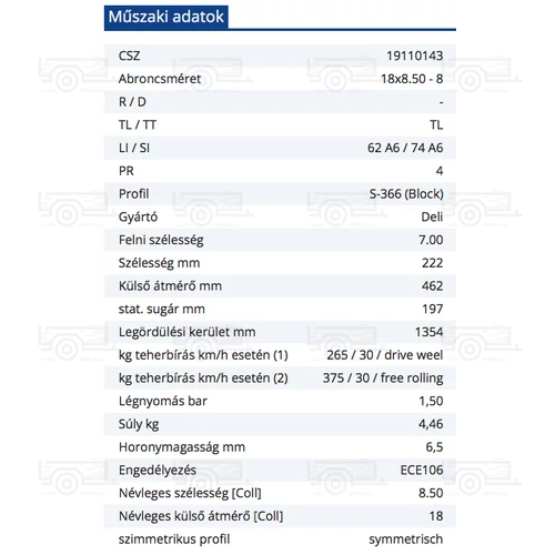 Kép 2/2 - Fűnyíró traktor gumi 18x8.50-8, tömlő nélkül szerelhető
