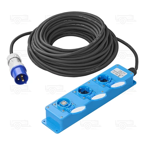 CEE, H07RN-F, 3-utas aljzat, 20 m, 3x1,5 mm² (2x Schuko + 1x 2 USB)