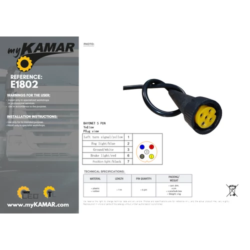 Kép 4/4 - KMR bajonett csatlakozó 1 méter kábellel, sárga