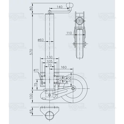 Kép 3/3 - Winterhoff orrkerék 200x60 mm-es, automata felhajtható kerékkel - 450 kg