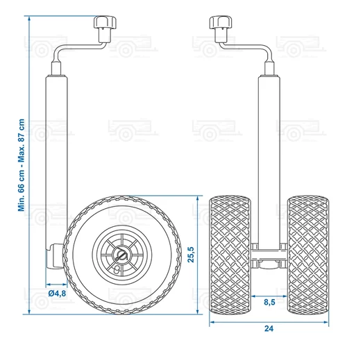 Kép 7/7 - ProPlus orrkerék 260x85 mm-es erősített dupla tömlős kerékkel, Ø48 mm - 150 kg