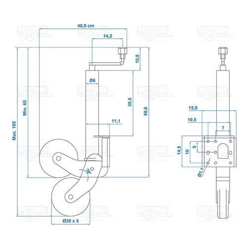 Kép 8/8 - ProPlus orrkerék 220x50 mm-es, automata felhajtható kerékkel - 500 kg