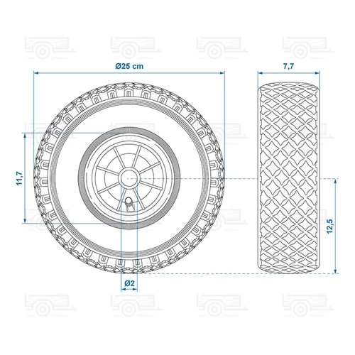 Kép 7/7 - Plus tömlős orrkerék pótkerék Ø260 mm, szélessége 85 mm, Ø20 tengelymérettel