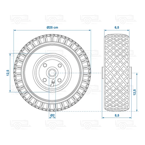 Kép 7/7 - Plus tömlős orrkerék pótkerék Ø260 mm, szélessége 85 mm, Ø20 tengelymérettel