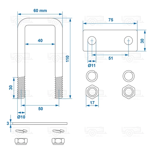 Kép 4/4 - Rögzítő fül U 40mm-es szögletes készlet 2 db