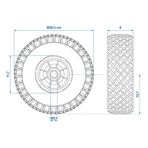 Kép 7/7 - Plus tömör orrkerék pótkerék Ø260 mm, szélessége 85 mm, Ø20 tengelymérettel