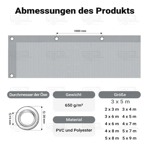 Kép 4/9 - Wiltec 3 x 5 m szürke vízálló ponyva, nagy teherbírású takaró, szakadásálló, megerősített ringlikkel