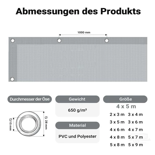 Kép 4/9 - Wiltec 4 x 5 m szürke vízálló ponyva, nagy teherbírású takaró