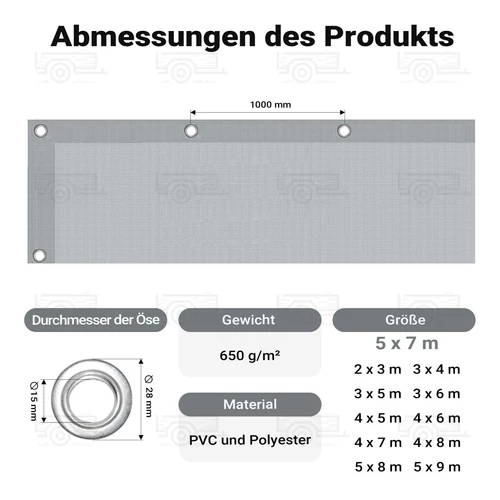 Kép 5/10 - Wiltec 5 x 7 m szürke vízálló ponyva, nagy teherbírású takaró