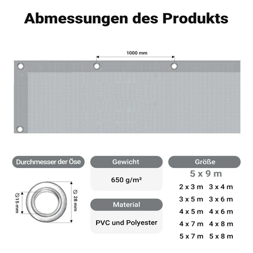 Kép 4/9 - Wiltec 5 x 9 m szürke vízálló ponyva, nagy teherbírású takaró