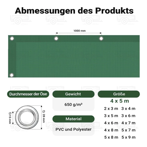Kép 4/9 - Wiltec 4 x 5 m sötétzöld vízálló ponyva, nagy teherbírású takaró, 650 g/m², szakadásálló, megerősített ringlikkel
