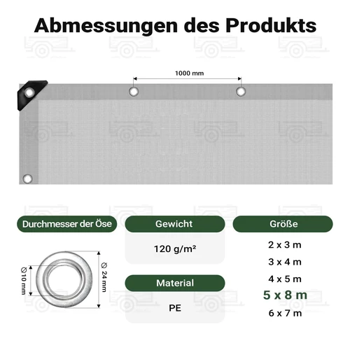 Kép 4/9 - Wiltec 5 x 8 m szürke-zöld vízálló ponyva, nagy teherbírású takaró
