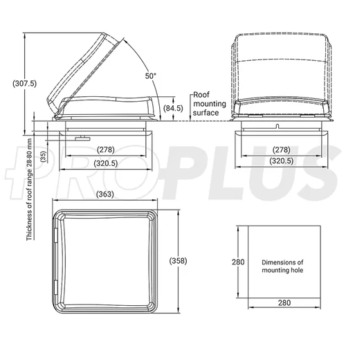 Kép 8/8 - Tetőablak 280x280 mm, átlátszó kivitelben, ventilátorral